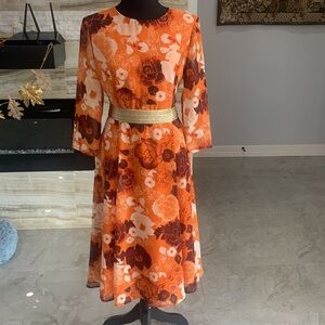 Women’s Eva Mendez Size 6 Floral Orange and‎ Gold Belt Dress
